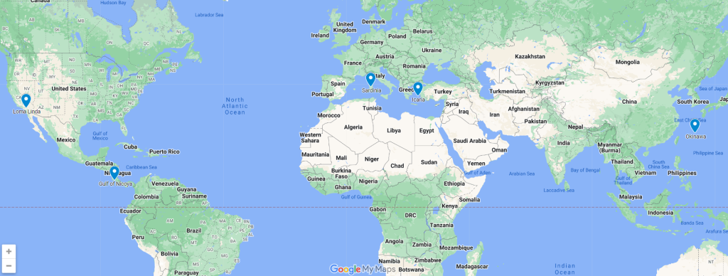 Location of Blue Zones, where people live longer on average and are healthier than the rest of the world