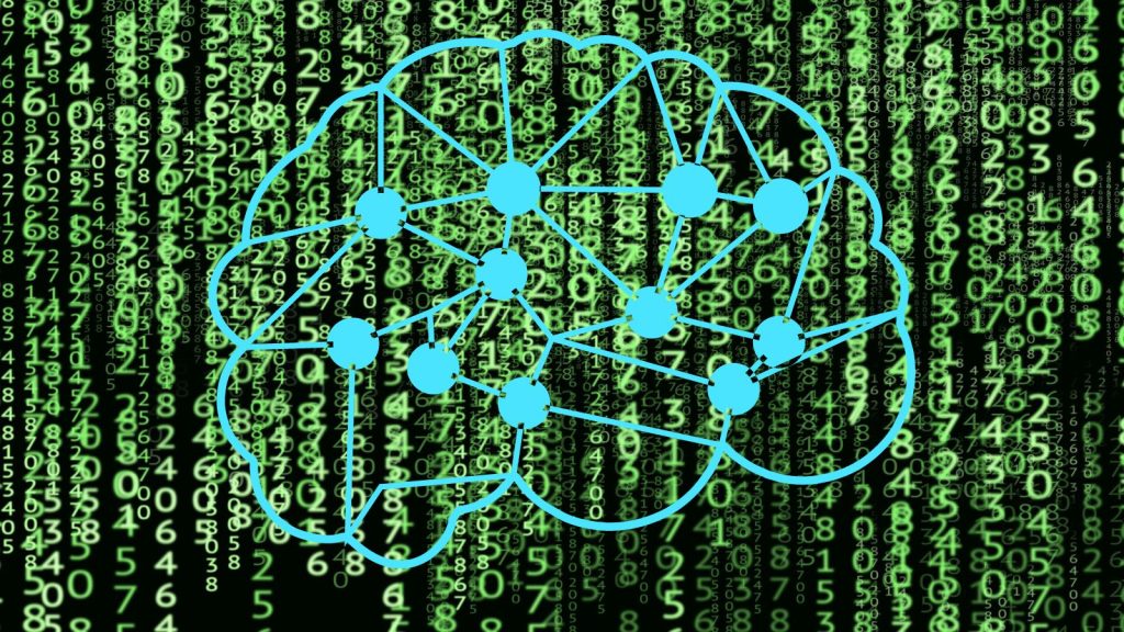 brain hacking article cover, image of matrix style numbers with a line drawing of a brain