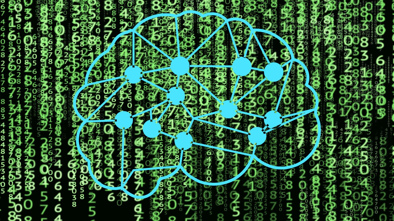 image of matrix style numbers in green falling with a brain line image on top of it