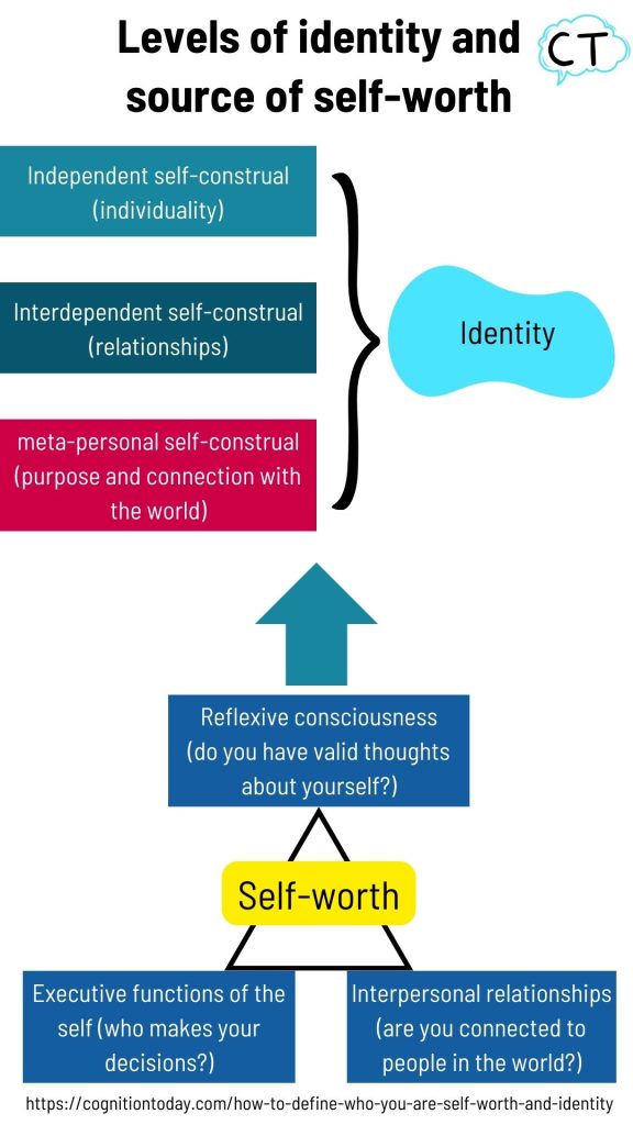 Levels of identity and source of self-worth

The image describes a chart of 3 levels Independent self-construal, interdependent self-construal, and metapersonal self-construal which determine your identity.

Then it shows 3 properties of the mind called reflexive consciousness, executive functions of the self, and interpersonal relationships which can be the source of stable self-worth.