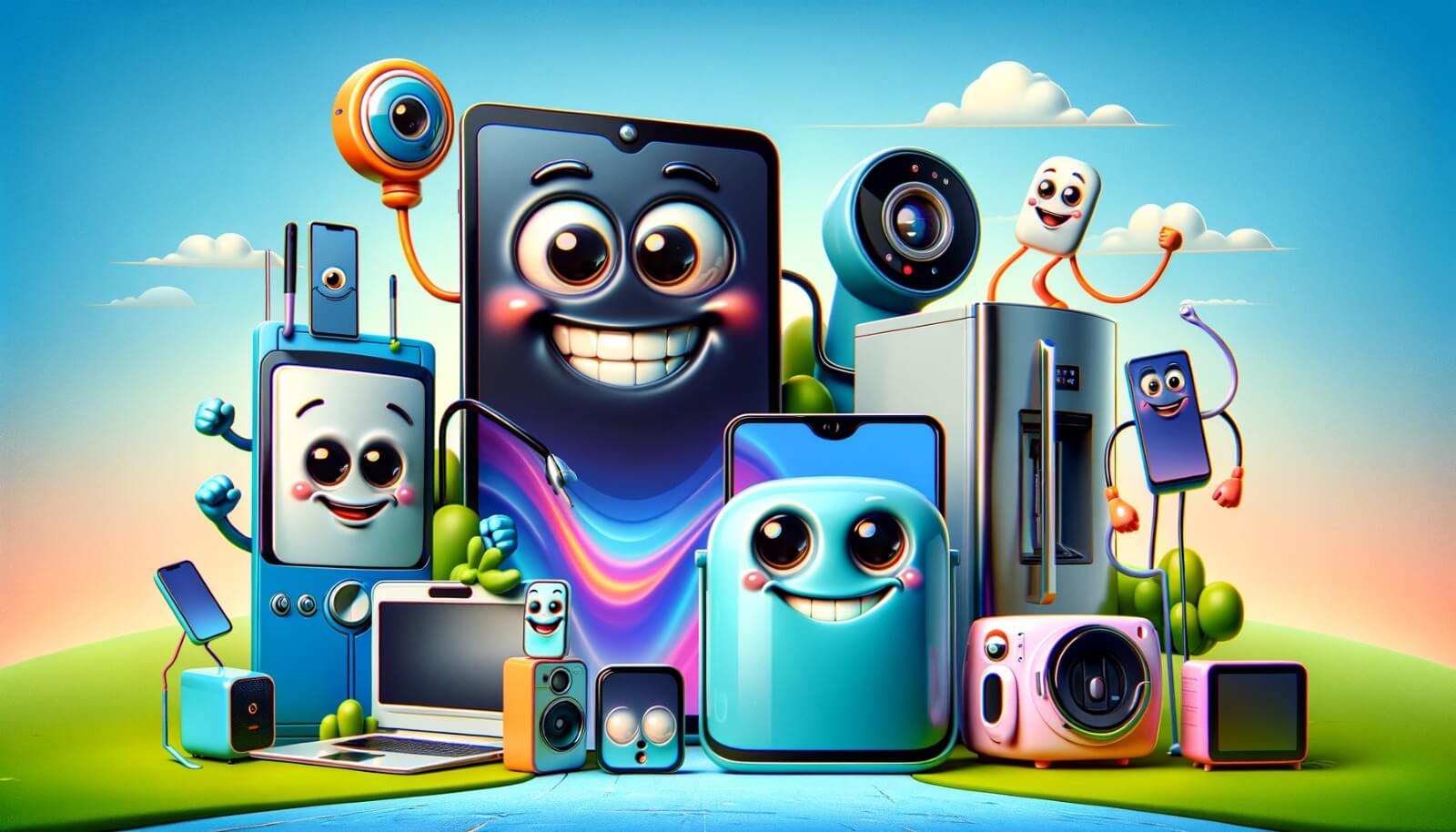 Image of anthropomorphized electronic products in a cartoonish group photo