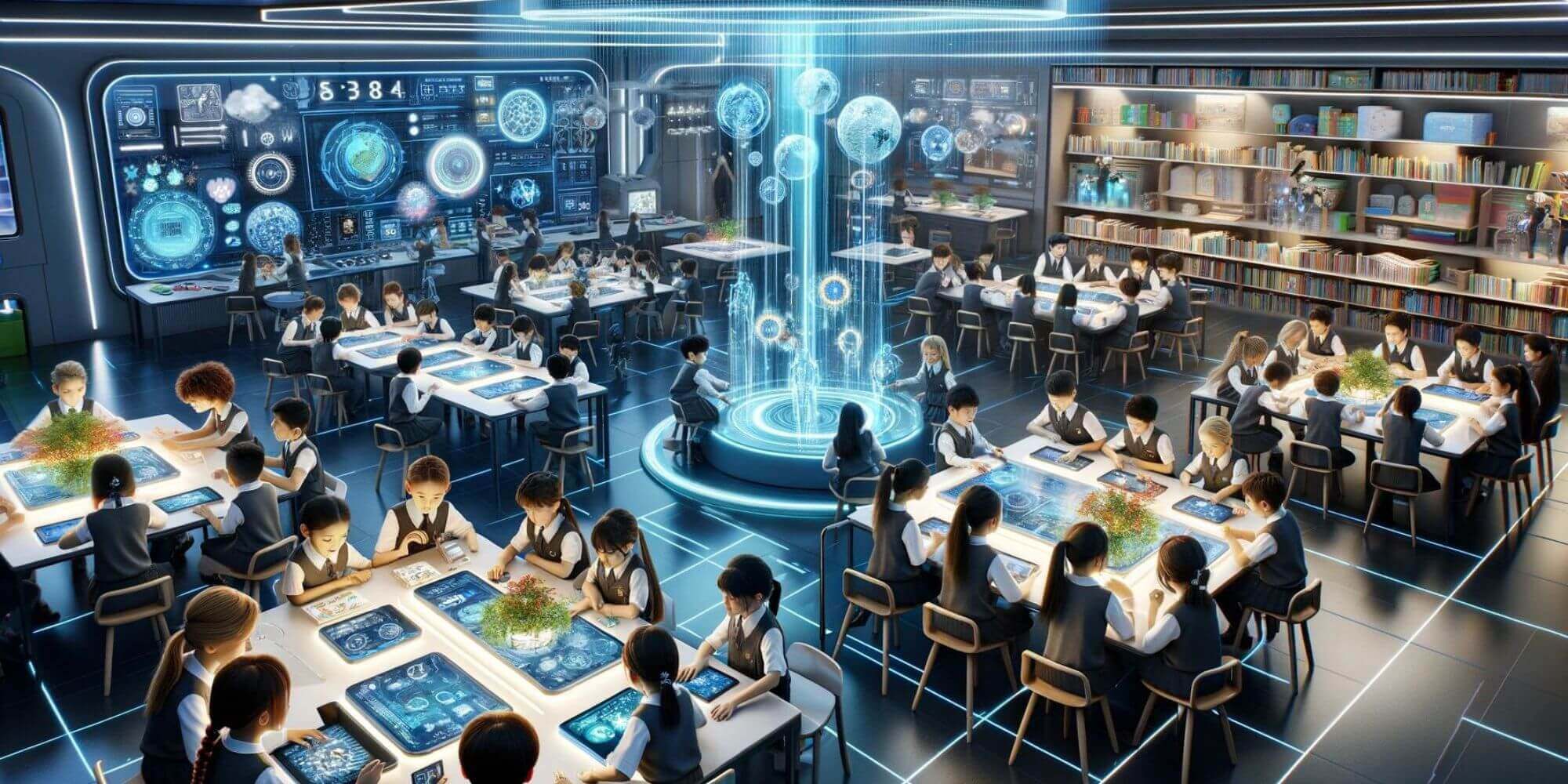 Future-proof career skills for students in school depicted in a modern collaborative workspace that appears like science fiction but is close to current reality.