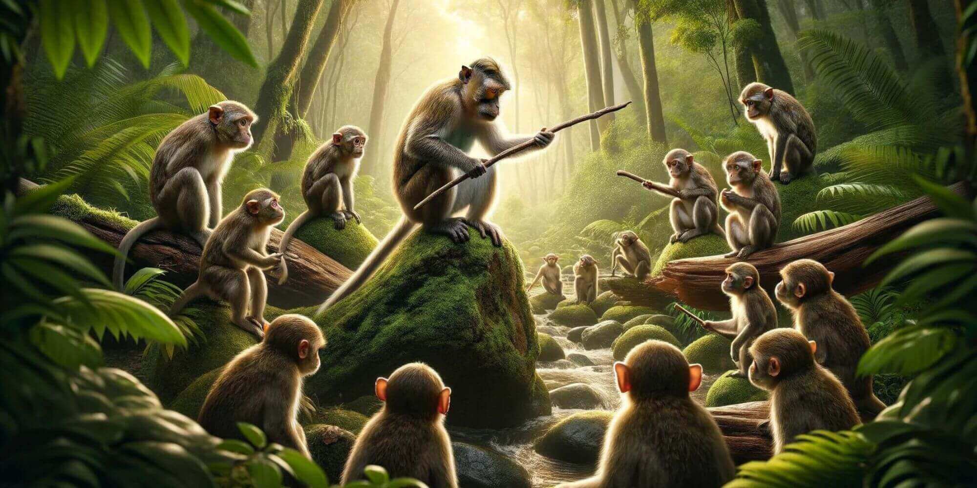 Monkey see, monkey depicted as 1 monkey showing how to use a stick to others.